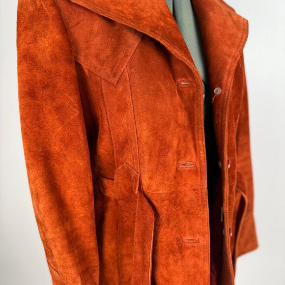 Vintage 70s Rust Suede Leather Jacket | Retro Belted Coat | Made in Korea - Picture 5 of 15
